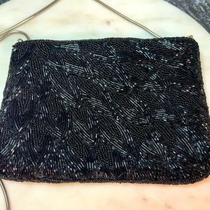 La Regale Ltd Beaded Black Evening Handbag with Zipper Long metal Shoulder Strap